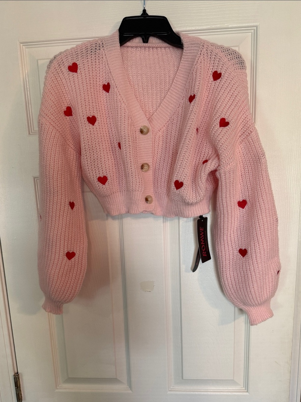 ROMWE Pink Cropped Heart Patch Button Cardigan